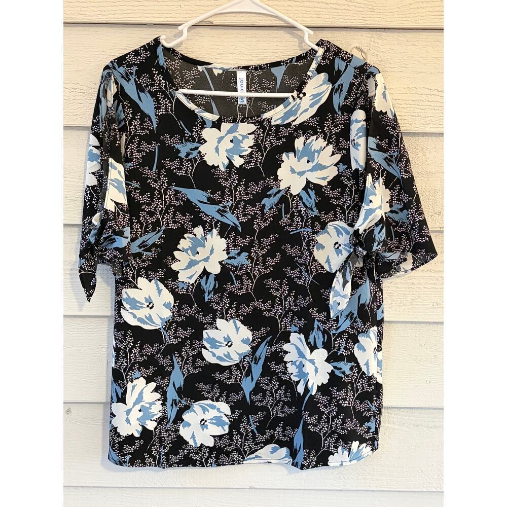 Jouica Black Blue Floral Blouse Size S NWT | Tie Sleeve Dressy Top